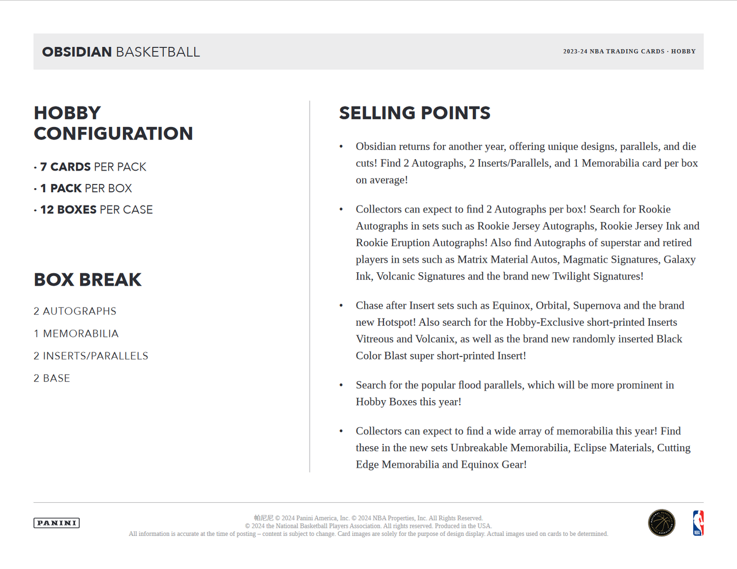 2023-24 Panini Obsidian Basketball Hobby Box
